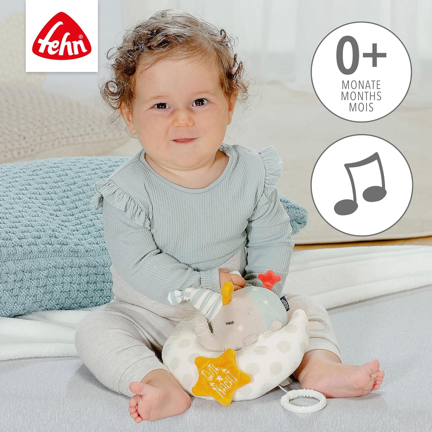 053067 Musical Box Elephant in The Moon - Cuddly Toy & Sleep Aid with"Glow-in-The-Dark" Embroidery - Wind Up Music Box with Melody"The Moon is Up" - for Babies from Birth