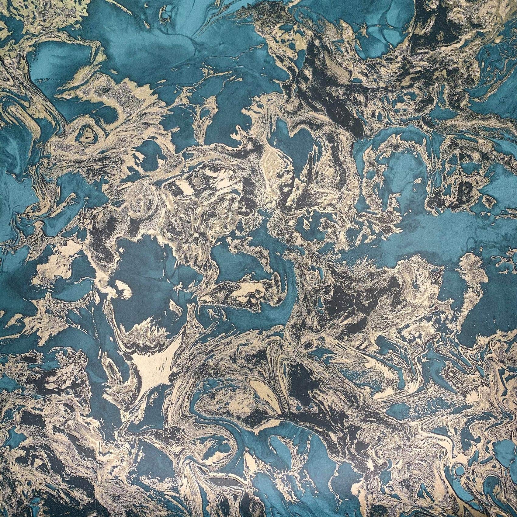 Liquid Marble Swirl Effect Wallpaper Stone 3D Metallic Glitter Aqua and Gold