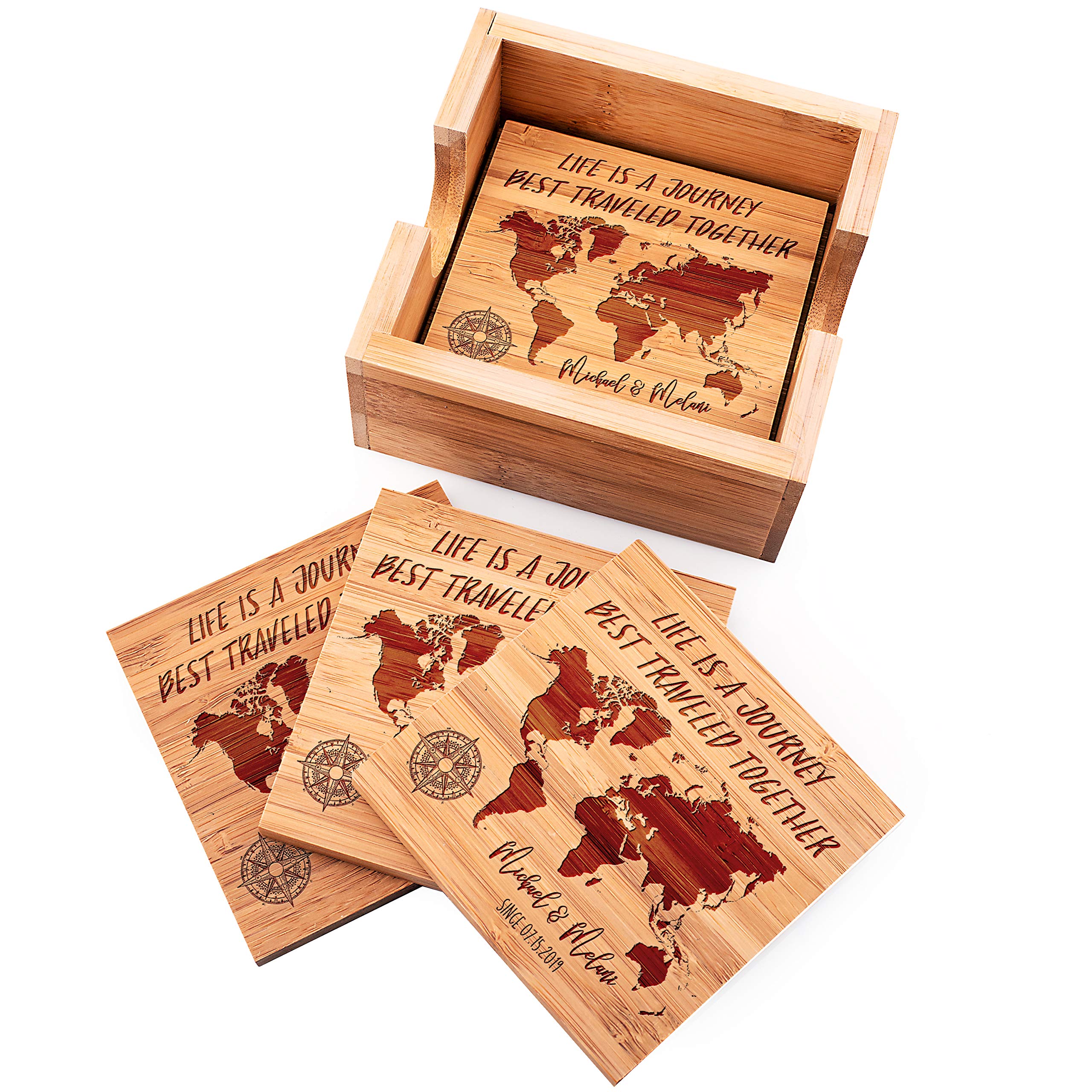 Personalized Coasters for Drinks, Set of 4, Coaster Set with Holder - Wedding Gifts for The Couples, Custom Monogram Bamboo Coasters #10