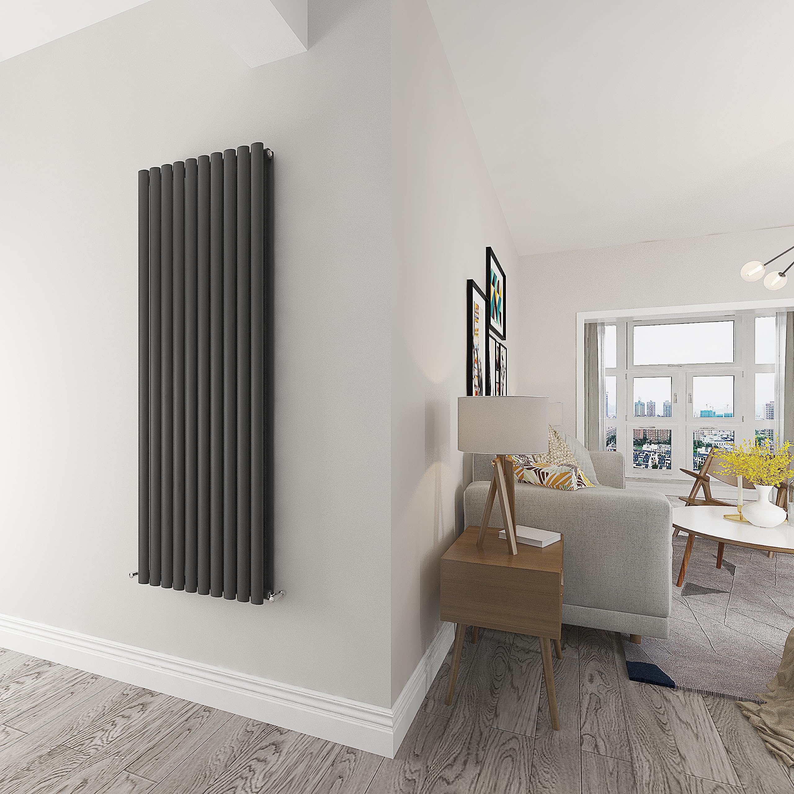 Skybathroom | 1600x590mm Vertical Anthracite Oval Double Panel Tall Upright Central Heating Radiator