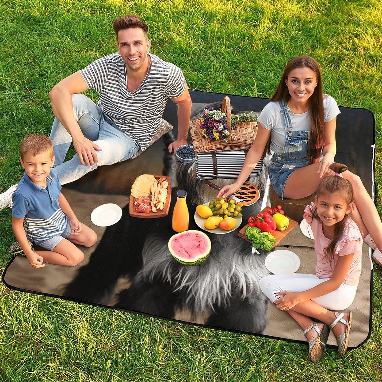 Animal Schnauzer Dog Picnic Blanket 150x150cm, Foldable 2-in-1 Picnic Mat and Tote Bag Portable Waterproof Beach Mat Sandproof Outdoor Blanket for Park, Hiking, Beach, Camping, Travel