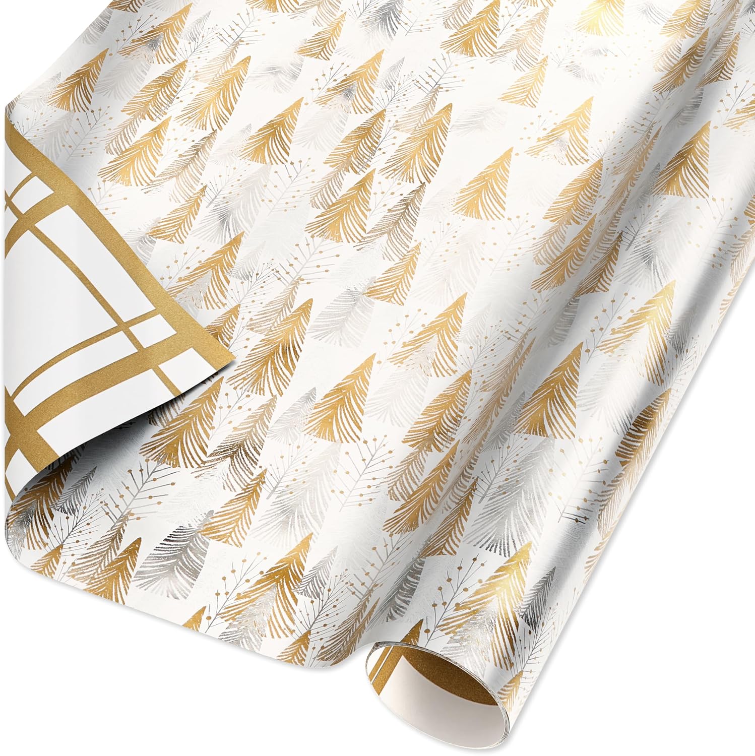 American Greetings Foil Christmas Wrapping Paper Roll, Metallic Vintage Gold and White Holiday Gift Wrap (30 sq. ft., 1 Reversible Roll-30 in. x 12 ft.) Plaid and Trees