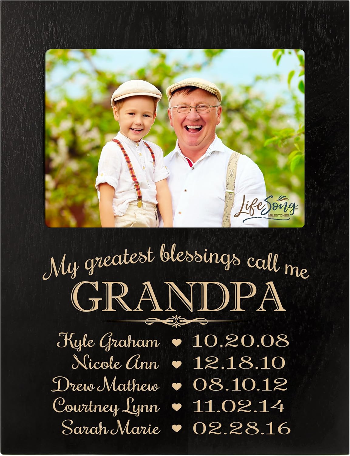 LifeSong Milestones Personalized Gift for Grandpa Picture Frame with Children's Names and Kid’s Birth Date Special Dates My Greatest Blessings Call me Grandpa Holds 4x6 Photo (Maple)