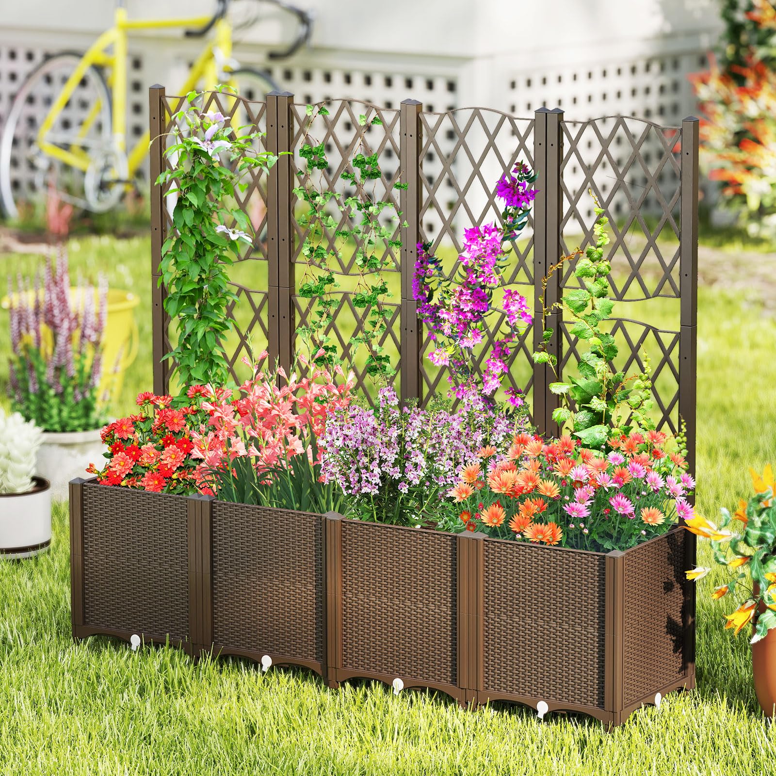 HOMASIS Jardinera con Celosia Exterior de PP, Jardinera Elevada Rectangular con Soporte para Plantas Trepadoras, Autoriego,Cama de Jardín Grande para balcón,Terraza,Patio (marrón, 80x40x140cm)