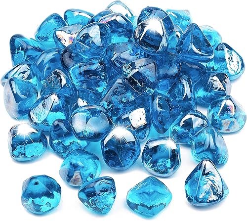 20 libras de cristal de fuego, diamantes de vidrio azul para hoguera, rocas de vidrio de fuego de 1 pulgada para chimenea - Margarita Azure Blue