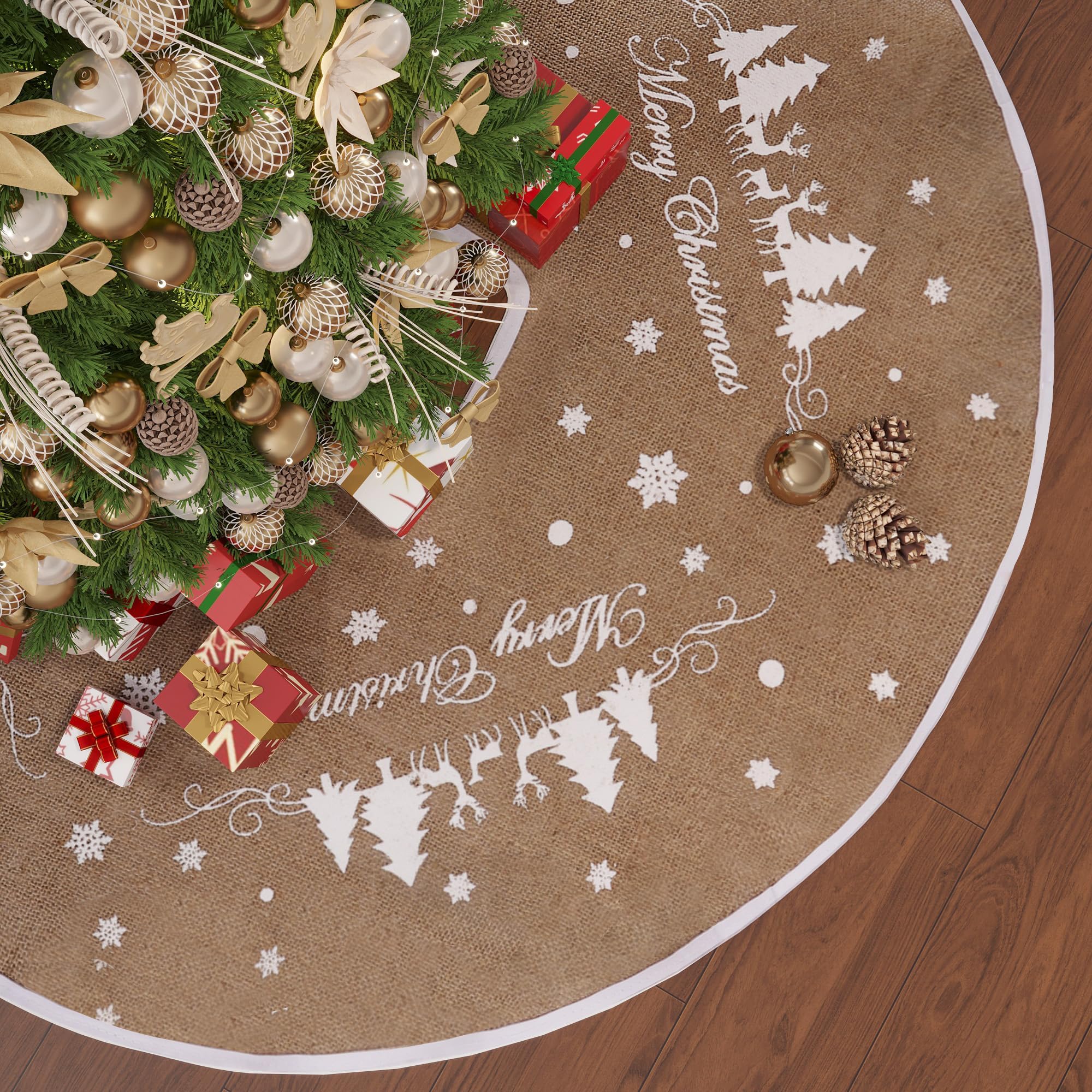 ORCHID M® 48 inch Christmas Tree Skirt Farmhouse Rustic Burlap Tree Skirt Printed with Snowflake Merry Christmas Tree Decorations Xmas Tree for Indoor Outdoor Holiday Part