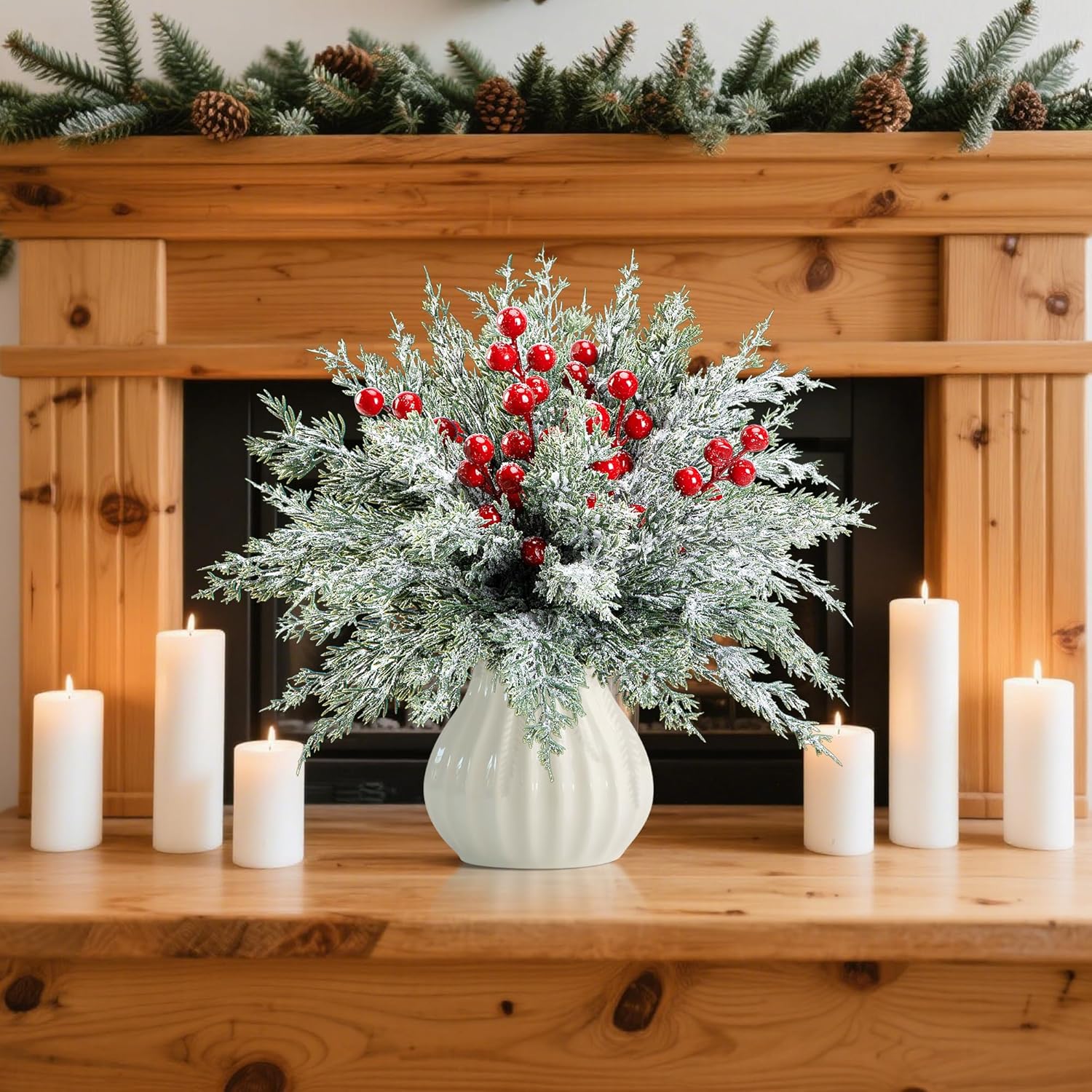 60 Pcs Artificial Christmas Snow Pine Branches with Red Berry Stems, Snowy Faux Greenery Norfolk Pine Cypress Leaves Stems, Berries White Frosted Fake Foliage Pine Needle Picks for Garland Home Decor