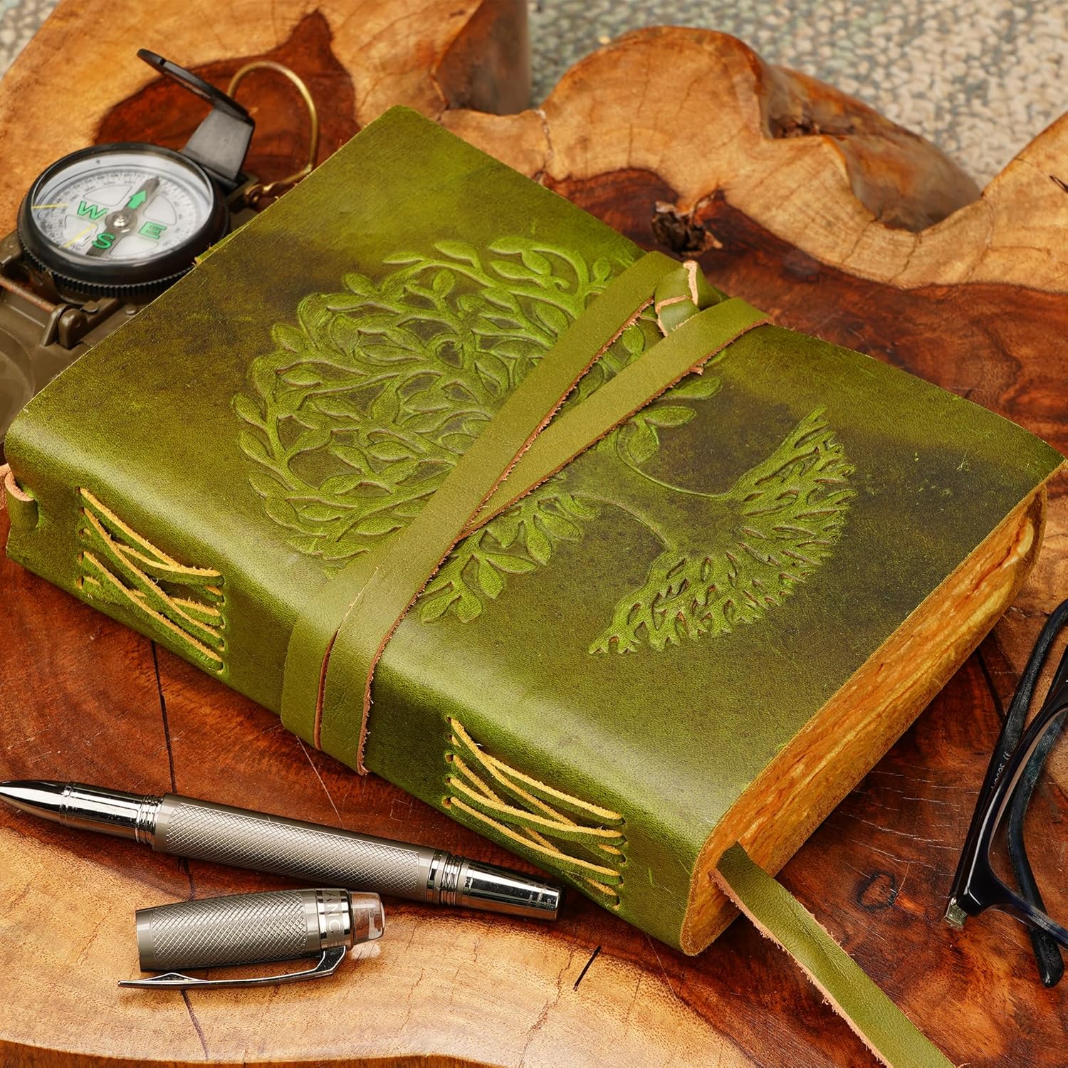 LUXEORIA Tree Of Life Leather Journal for Women and Men, Handcrafted Leather Journal for Writing Womens, Sketchbook, Travel Diary with Unlined Deckle Paper, Mint Green 6x8 - Image 3
