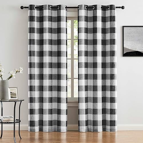 Miniatura 9 de Buffalo - Cortinas opacas para ventana de 84 pulgadas de largo, paneles con ojales a cuadros, cortinas de lino texturizado de eficiencia energética,
