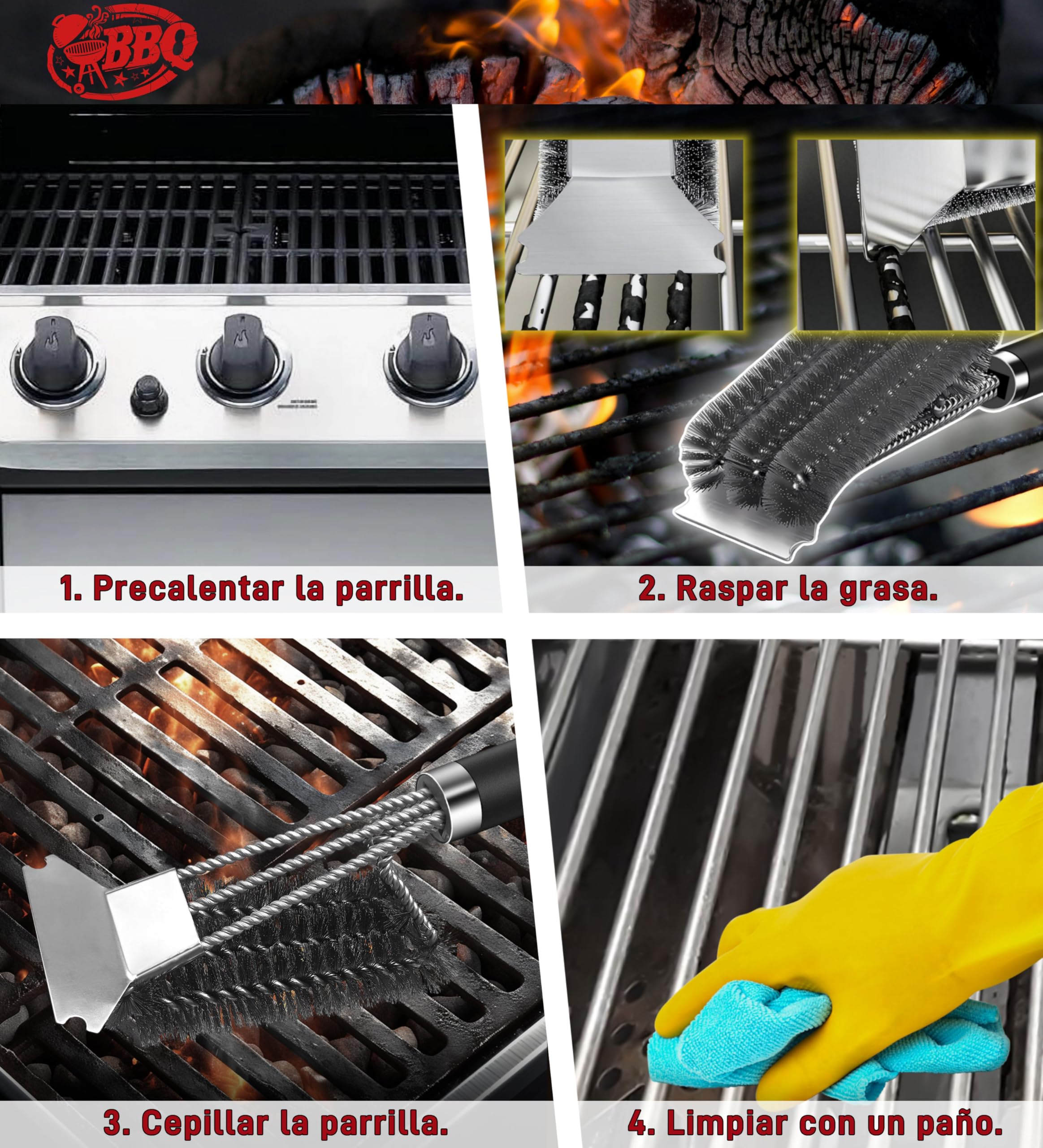 Cepillo de Barbacoa 3 en 1 con Cerdas de Alambre de Acero Inoxidable para Carbón Vegetal y Parrilla Eléctrica al Aire Libre - Jardín, Camping - Cepillo de Limpieza para BBQ