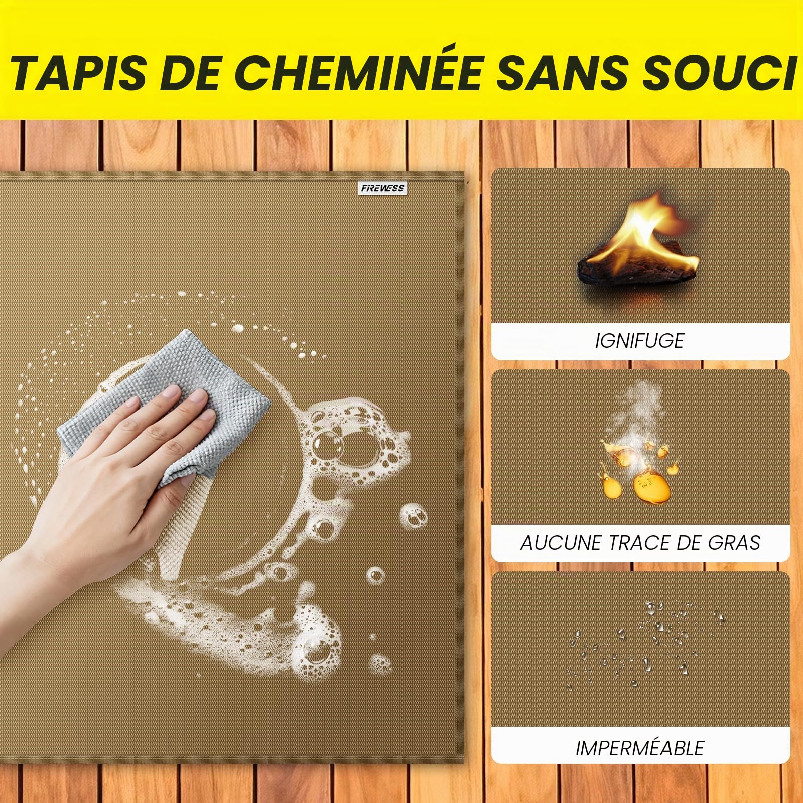 Tapis de cheminée ignifugé anti feu 105 x 60 cm Marron