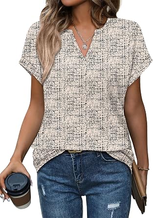 Womens Tops Dressy Casual V Neck Rolled Sleeve T Shirts Fashion Clothing Business Casual Outfits Beach Vacation Clothes
