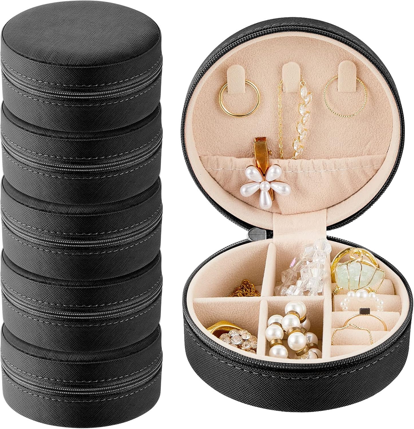 Taiyin 6 Pcs Travel Jewelry Case Bridesmaid Gift Boxes Small Jewelry Travel Organizer Round PU Leather Box Mini Storage for Wedding