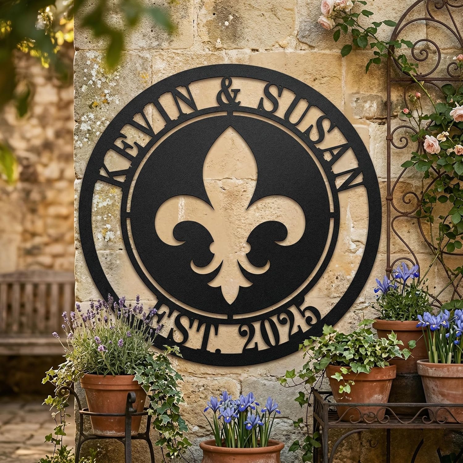 Personalized Fleur De Lis Metal Ring Sign Last Name Sign Monogram Wall Decor Personalized Signs for Home Custom Name Sign Metal Monogram Name Sign Family Established Signs Monogram Sign
