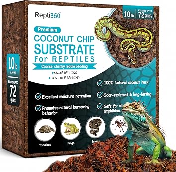 Premium Coconut Chip Substrate for Reptiles 10 LB Block in Carton Box, Expands to 72 Quarts Natural & Dust-Free Coco Husk Bedding for Ball Python, Bearded Dragon, Tortoise & Gecko