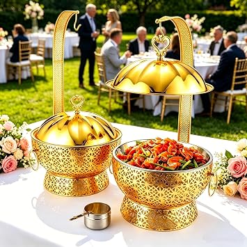 Gold Chafing Dish Buffet Set - 2 Pack, 8 Quart Stainless Steel Chafer Buffet Servers and Warmers Set, with Hanging Cover for Weddings, Parties, Banquets, and Catering Eventst 2 Pack