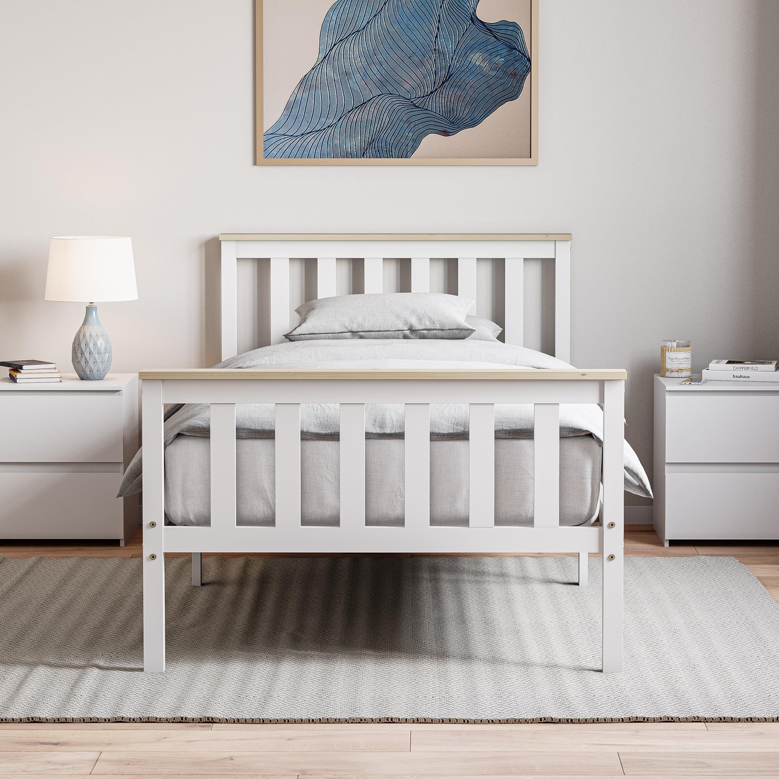 Vida Designs Milan Single Bed, 3ft, Bed Frame, Solid Pine Wood, Headboard, High Foot End Bedroom Furniture, White & Pine โ image 1