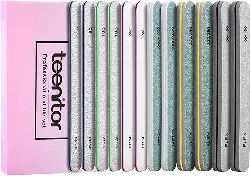 Teenitor Kit de pulidor y brillo de uñas, 12 limas de uñas 100180 para uñas naturales, lima de uñas de dedo y juego de pulidor para uñas, lima de