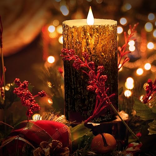 Miniatura 5 de NICEME Juego de 3 velas LED de corteza de pino sin llama, de cera real, funciona con pilas, parpadeantes, con mecha de lágrima, velas eléctricas