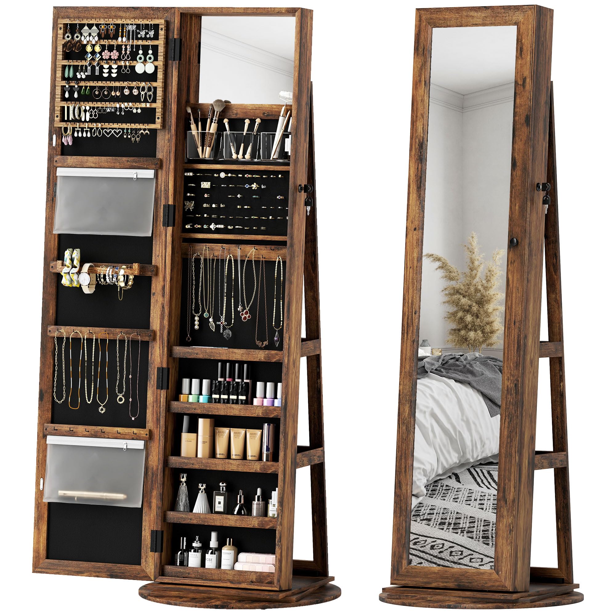 HOMCOM Specchio Portagioie Girevole a 360°, Armadietto Portagioie con Chiusura con Chiave, Specchio a Figura Intera con 3 Ripiani Posteriori per Camera e Soggiorno, 55x55x161 cm, Marrone Rustico