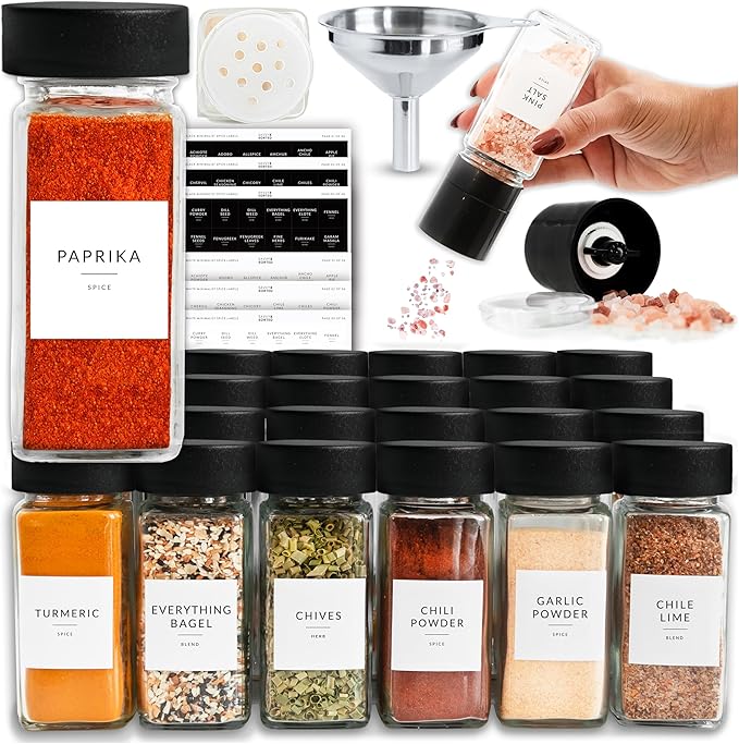 Glass Spice Jars with Label, 24PK Bamboo Jar Spices Set 4oz, 374 Spice Labels