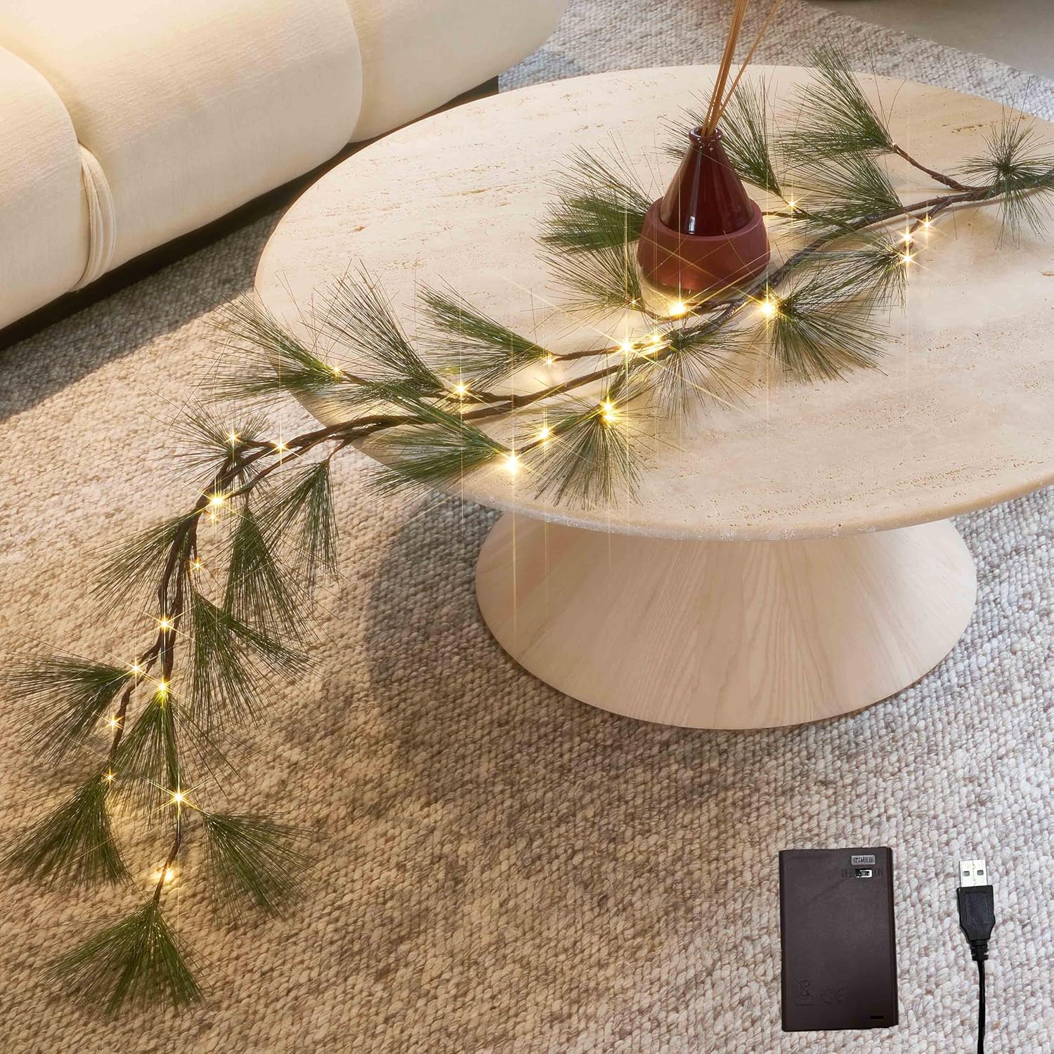 LITBLOOM Norfolk Pine Garland with Lights 6FT Battery Operated or USB Powered, Lighted Garland with Timer 110 LED Fairy Lights for Fireplace, Table Christmas Decoration