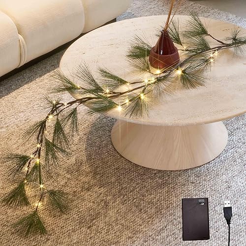 LITBLOOM Guirnalda de pino de Navidad con luces, funciona con pilas y USB, guirnalda iluminada con temporizador, 36 luces LED para chimenea,