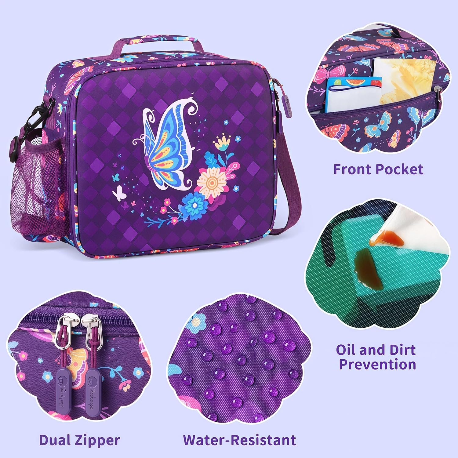 rockpapa 5 Compartment Bento Lunch Box for Kids with Uensils & Insulated Water Bottle & Lunch Bag with Strap, BPA-Free Lunch box Containers Set for School Boys Girls Ages 3+ (Purple Butterfly) - Image 4