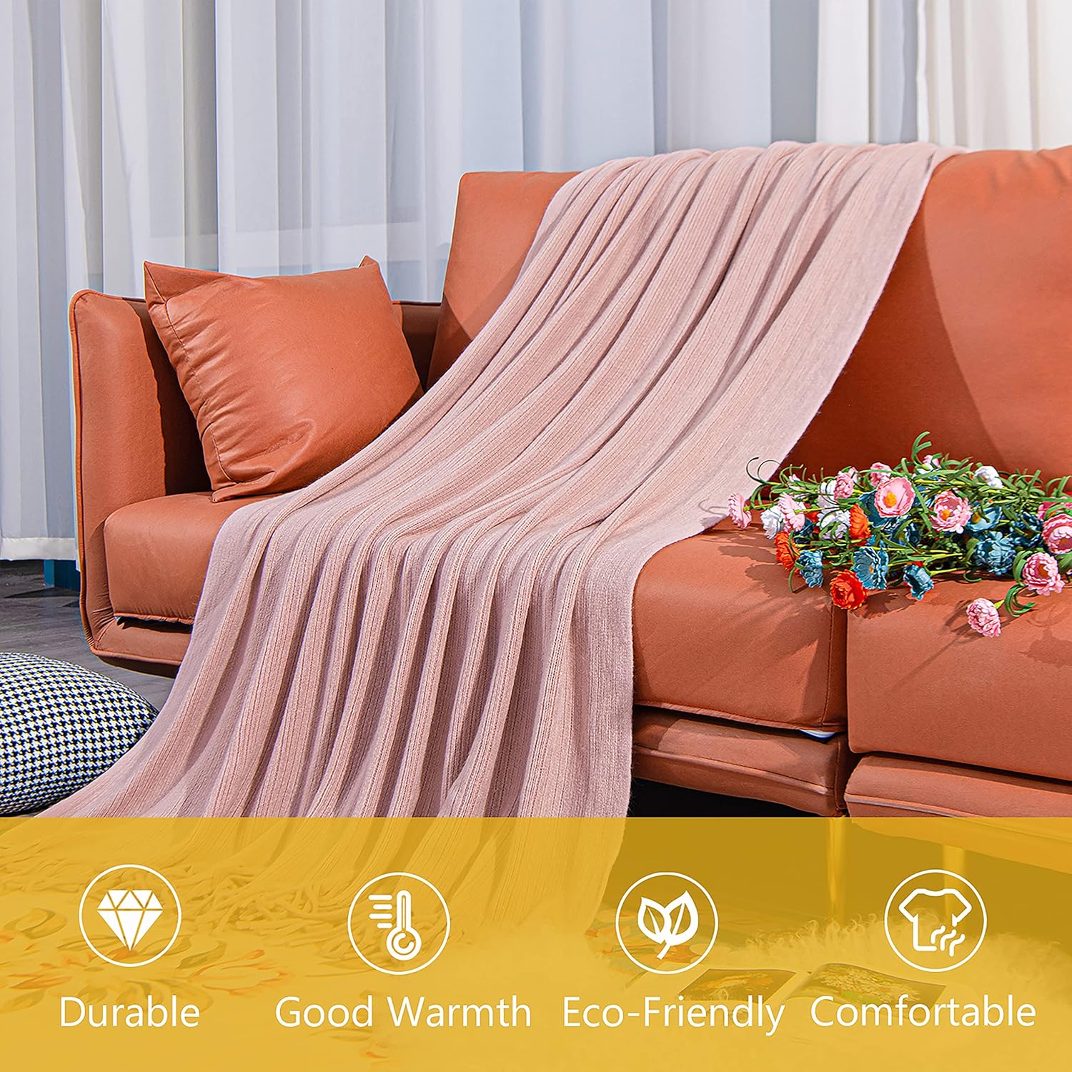 NTBAY Acrylic Knitted Throw Blanket, Lightweight and Soft Cozy Decorative Woven Blanket with Tassels for Travel, Couch, Bed, Sofa, 51x67 Inches, Light Pink Striped - Image 5