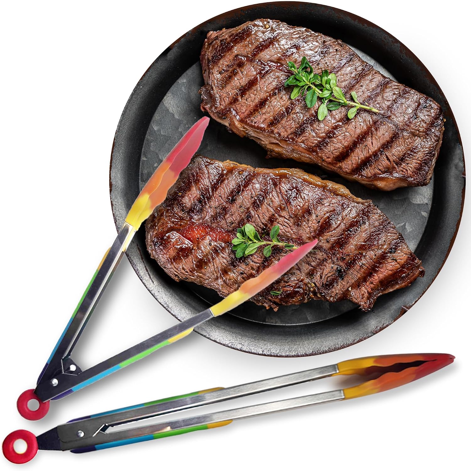 Rainbow Silicone Kitchen Tongs-Kitchen Discovery-Set of 2 Heat Resistant Cooking Tongs with Silicone Tips and Grips-Cheerful Serving Utensils, Salad Tongs, 12 Inch Long Tongs, 9 Inch Small Tongs