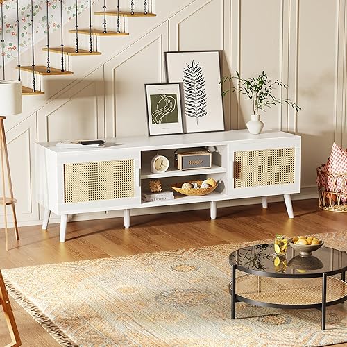 Vista 5 de SUPERJARE TV Stand for 65 Inch TV, Entertainment Center with Adjustable Shelf, Rattan TV Console with 2 Cabinets, Media Console, Solid Wood Feet, 4