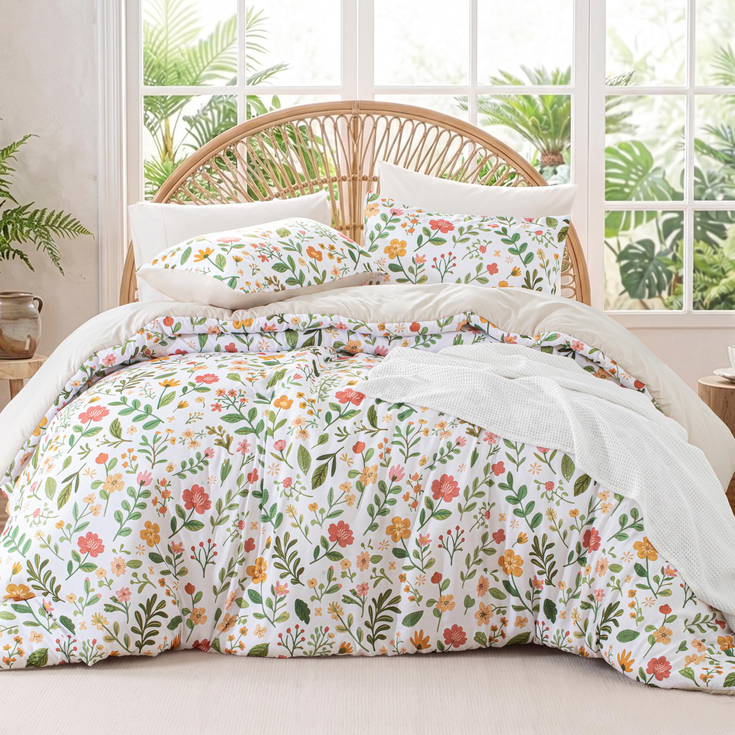 Exclusivo Mezcla Coverless Duvet Set with 2 Pillowcases, 7.5 Tog Double Size Reversible Duvet All Seasons with Flower Pattern, Lightweight and Warm, Bouquet