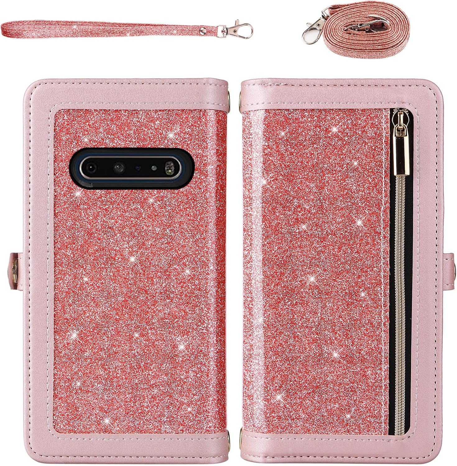 Asuwish Phone Case for LG V60 ThinQ V60ThinQ 5G G9 Thin Q Zipper Wallet Cell Cover with Tempered Glass Screen Protector Lanyard Strap Bling Glitter Flip Card Holder LGV60 V 60 60ThinQ 60V Women Pink