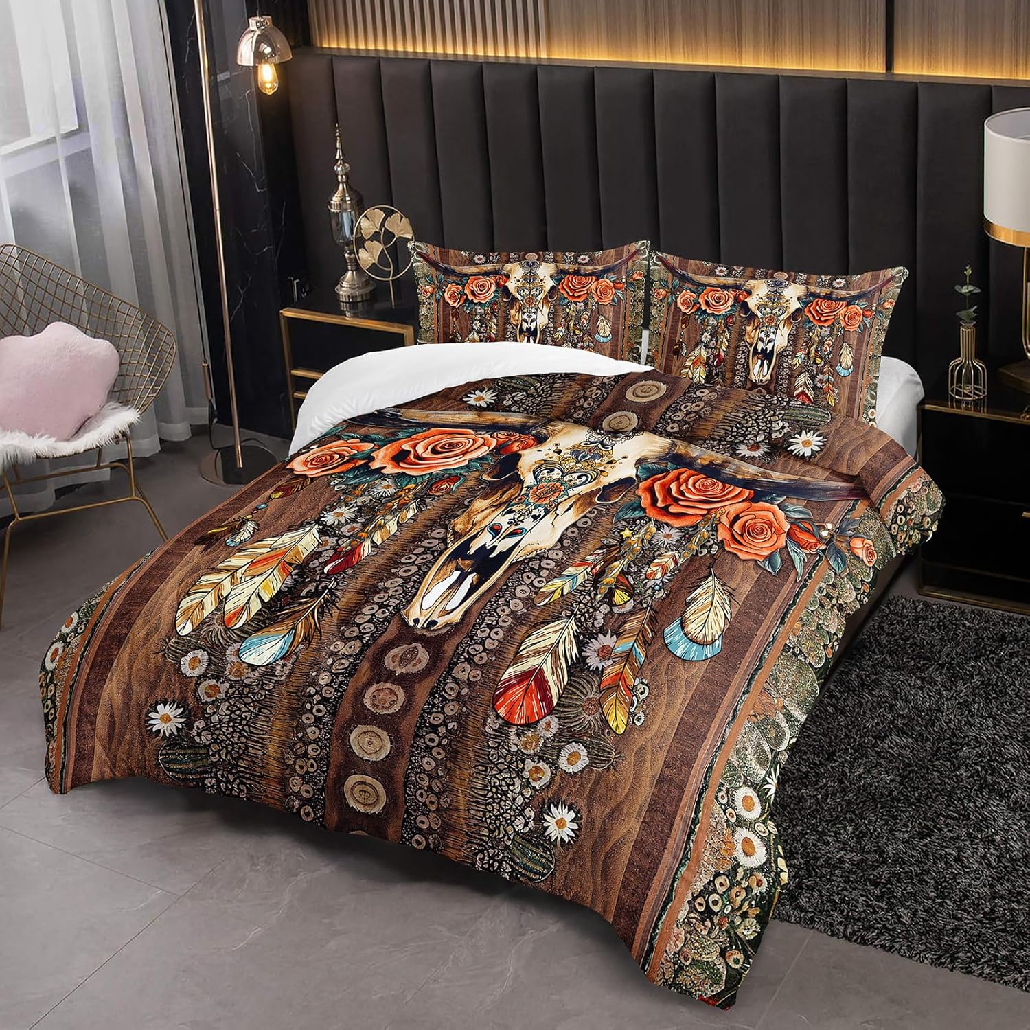 Western Cow Bedding Set Full Size, Rose and Feather Theme Duvet Insert for Boys Girls, Longhorn Skull Brown Quilt Soft Microfiber with 2 Pillowcases All Seasons.