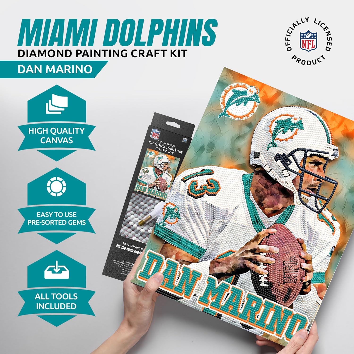 Sporticulture NFL Retired Players Miami Dolphins - Dan Marino Diamond Painting Craft Kit – Officially Licensed DIY Fan Art Includes Pre-Sorted Gems, Craft Tray with Instructions