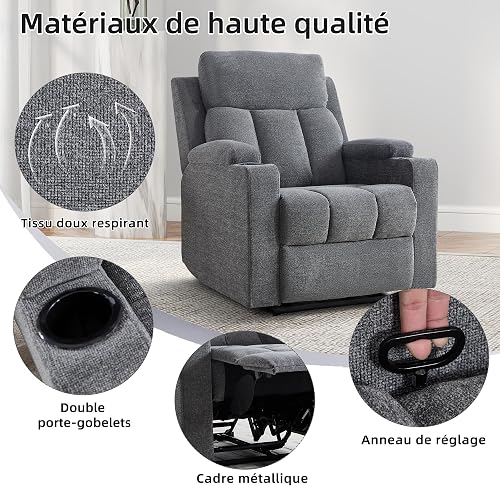 EBELLO Poltrona Relax Reclinabile Regolabile Divano Monoposto con Poggiapiedi da Soggiorno Camera da Letto, Poltrona TV reclinabile con portabicchieri e morbido poggiatesta, Grigio scuro - 3