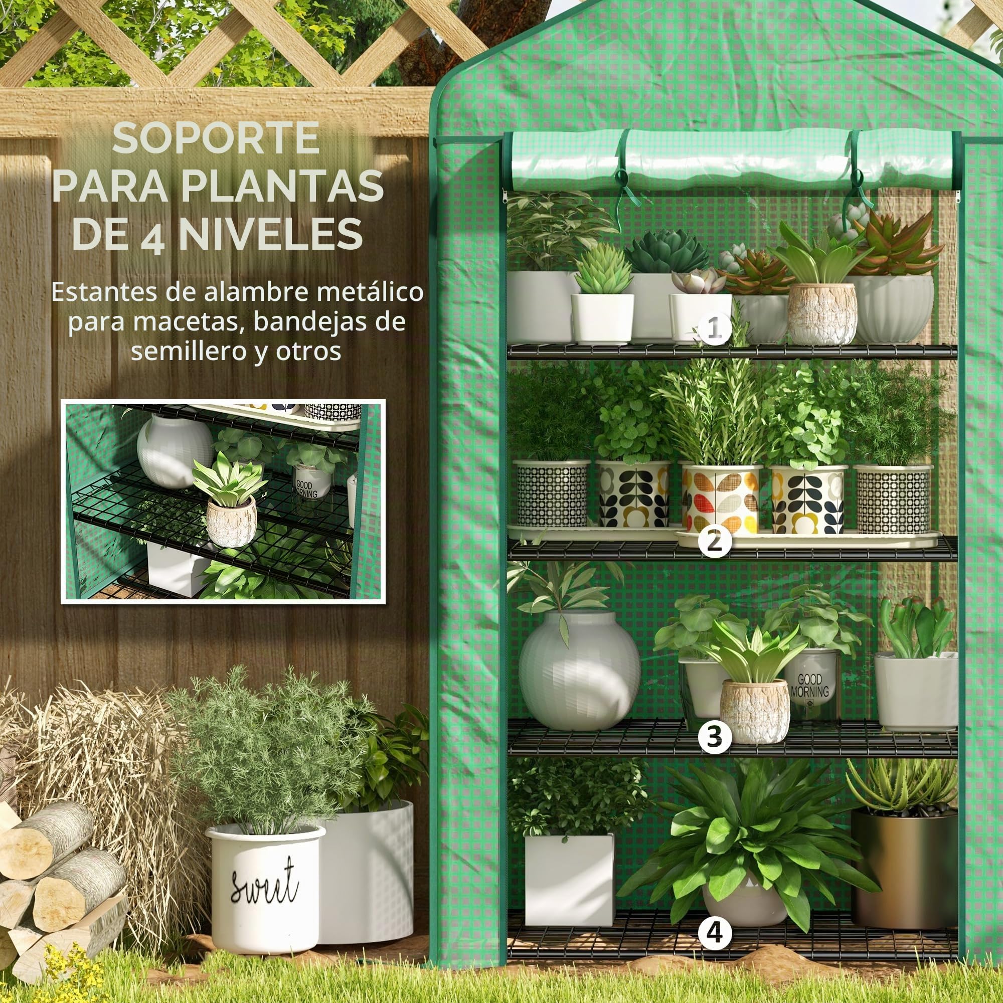 Outsunny Mini invernadero ancho 4 estantes,cubierta PE reforzada,Verde | Invernadero portátil, puerta enrollable, estantes de alambre, interior/exterior, 90x49x160cm