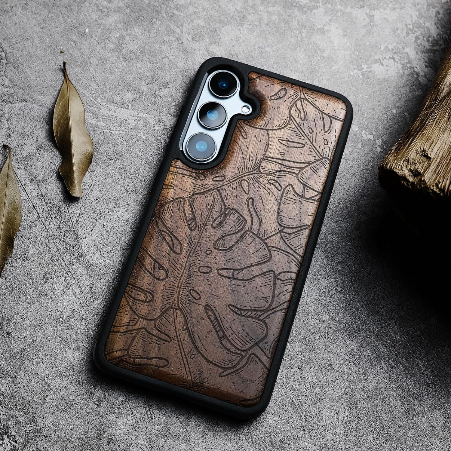 Carveit Wood Case for Galaxy S24 FE Case [Natural Wood & Black Soft TPU] Shockproof Protective Cover Unique Wooden Design Compatible with S24 FE (Monstera Shadows-Walnut)