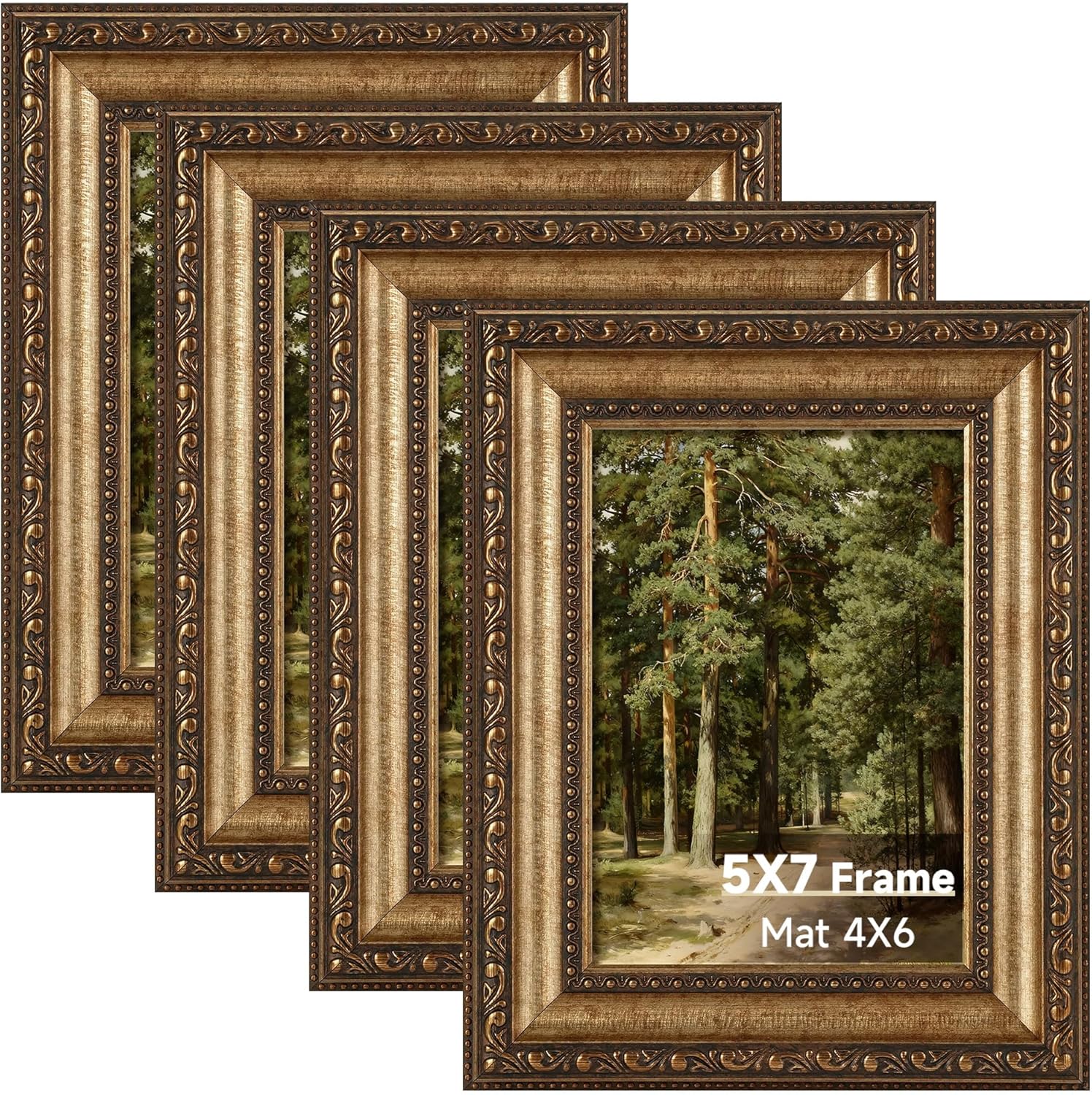Splinterix 5x7 Gold Picture Frame Set of 4, Vintage Antique Picture Frames for Wall or Tabletop, 5 x 7 Ornate Bronze Photo Frame with Real Glass, Display 4x6 Print with Mat or 5x7 without Mat, 4 Pack