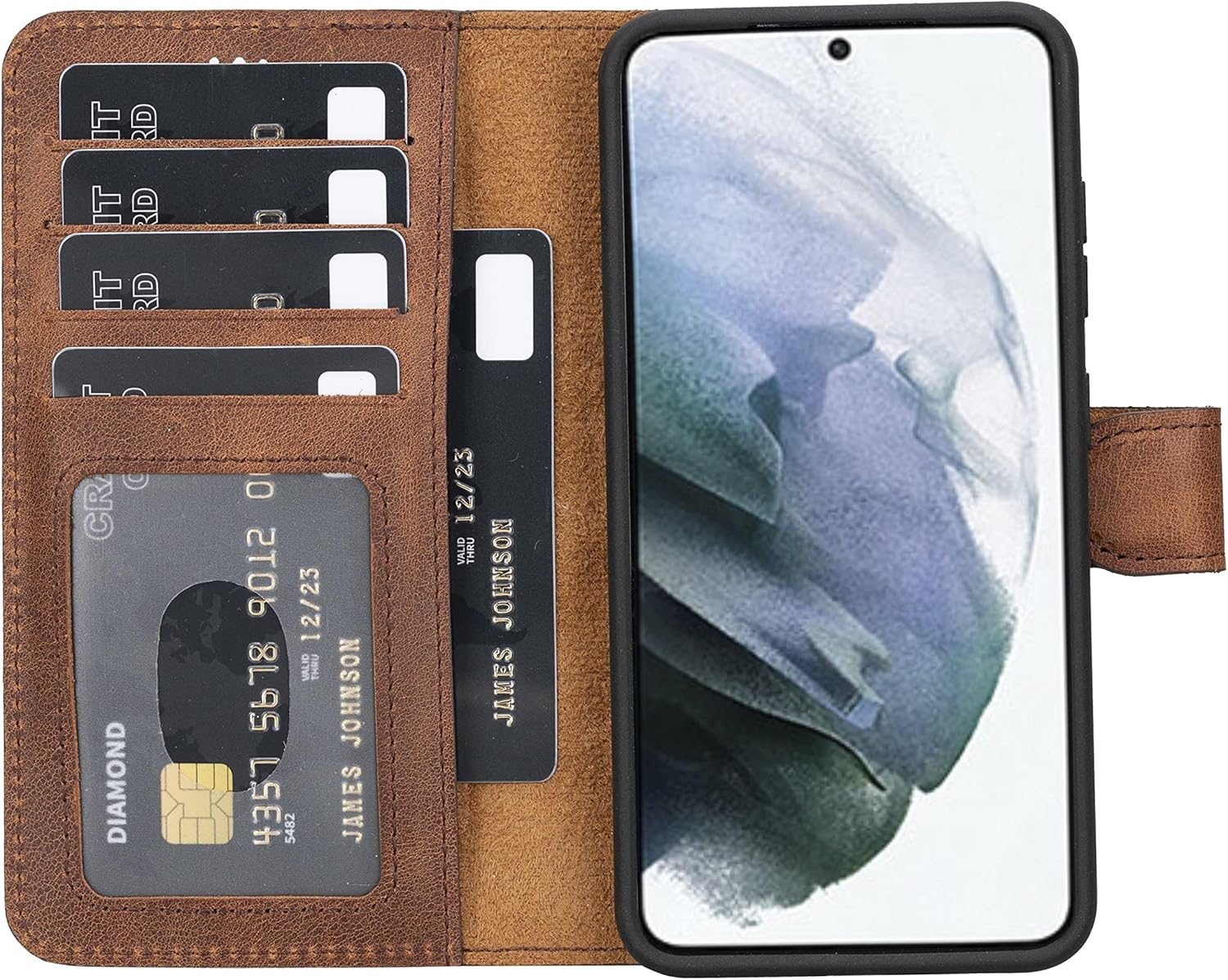 HARDISTON Premium Leather Handmade Wallet Case Compatible with Samsung S23 - Detachable Magnetic Flip Cover with Card Holder & Kickstand - Full Edge Protection (Brown)