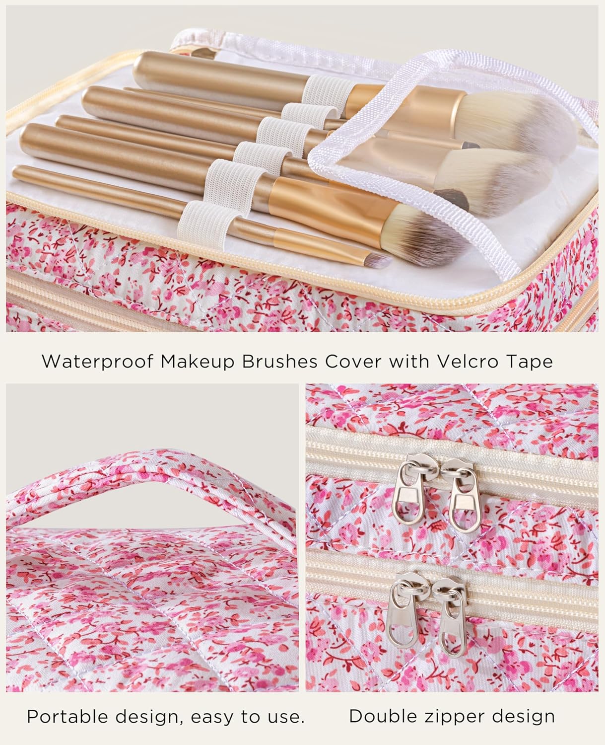 HBselect 2Pcs Travel Makeup Bag, Large Cotton Quilted Makeup Bag Cosmetic Bag Cute Make up Bag Toiletry Bags for Women Girls