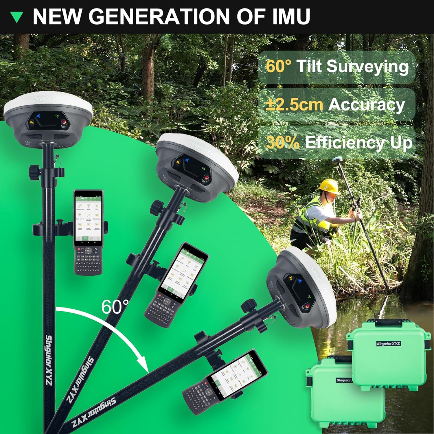E1 GNSS Survey Equipment 20 Hours Endurance RTK GPS with IMU Rover & Base Handheld Collector with Survey Software RTK Surveying Equipment,1408 Channels, 15km UHF Range,60° Tilt Survey