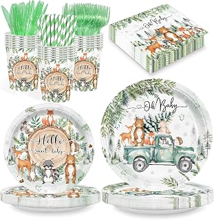 168PCS Woodland Baby Shower Party Supplies for Boys Girls Kids Winter Forest Party Decorations Jungle Animals Themed Plates and Napkins Cups Forks Knives and Straw Tableware Serve 24 Guests