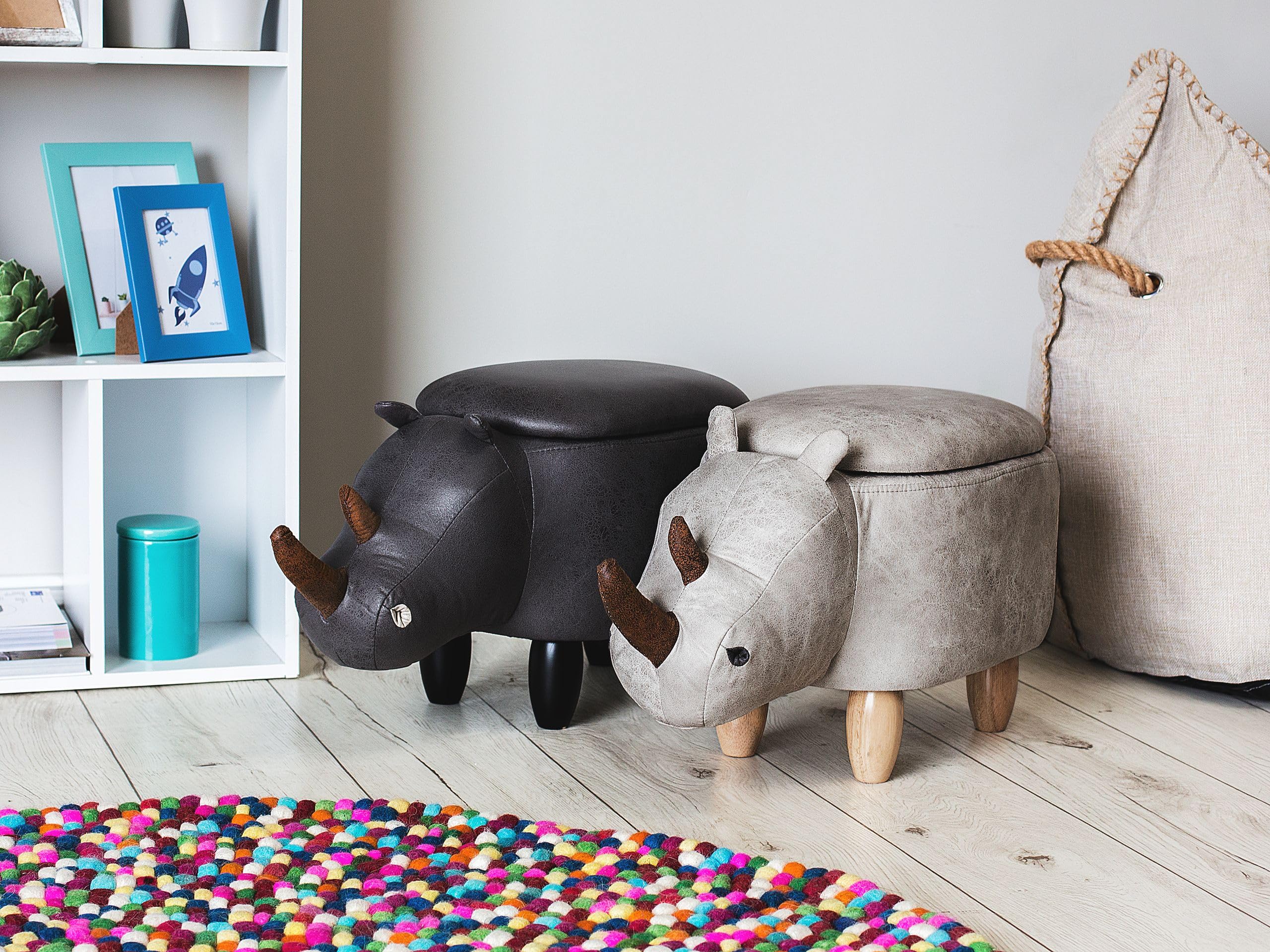 Hocker Nashorn Lederoptik hellgrau Tierhocker für Kinder mit Stauraum Rhino