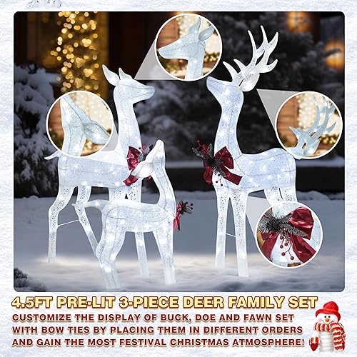Miniatura 7 de Juego familiar de renos iluminados de 4.5 pies para decoración de Navidad, 3 piezas de decoración navideña de ciervos iridiscentes preiluminados con