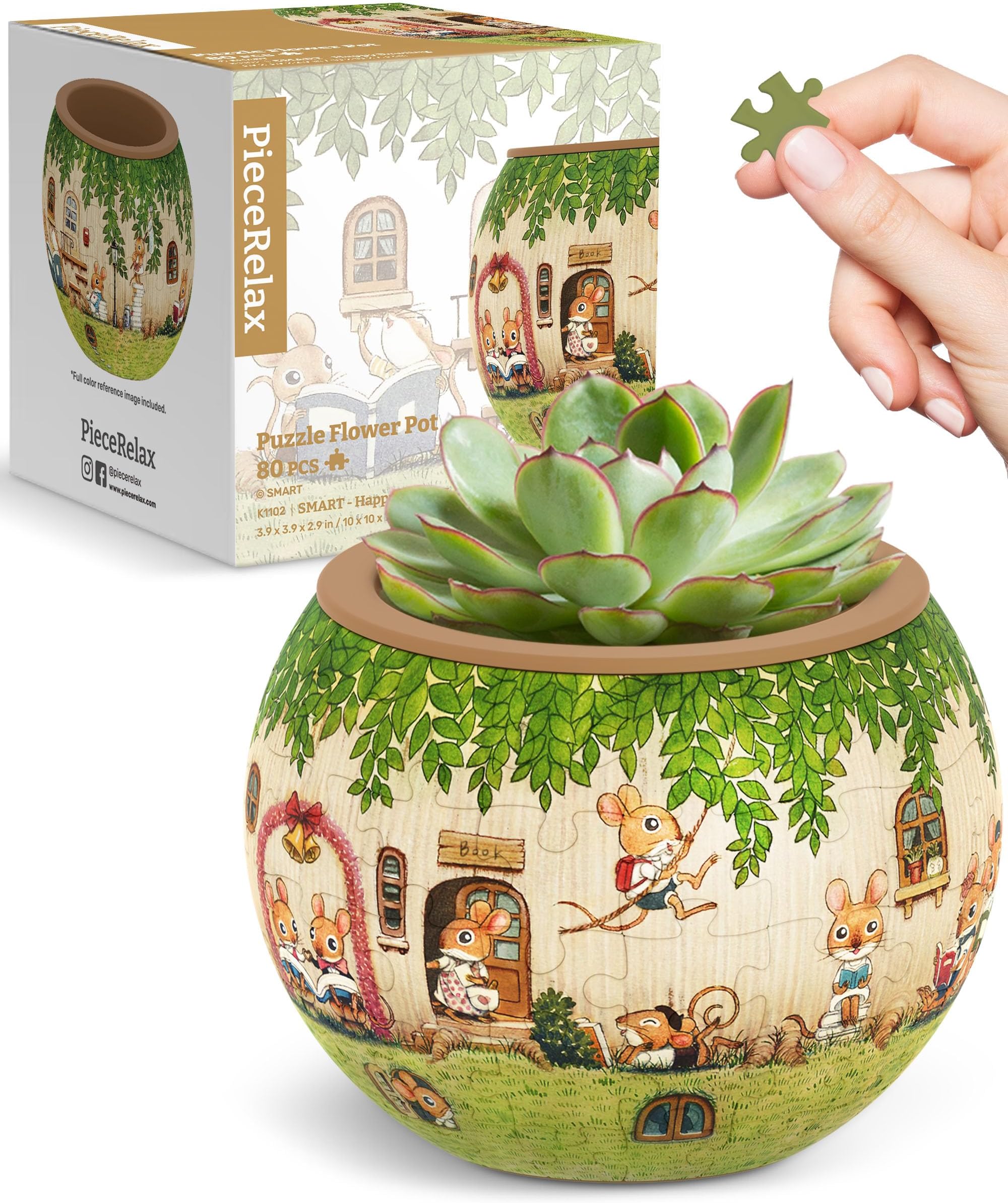 PieceRelax 3D Puzzle Planter - Smart - Happy Reading - Small Round Plant Pots with Drainage, Home Decor Flower Pots for Indoor Cactus, Succulents Pots [K1102]