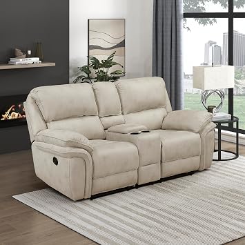 Lexicon Manual Double Reclining Loveseat with Center Console, Polished Microfiber Wall Hugger Loveseat Recliner for Living Room, Cup Holders, Foam Over Pocket Coils Seats, Pillow Top Arms, Sand