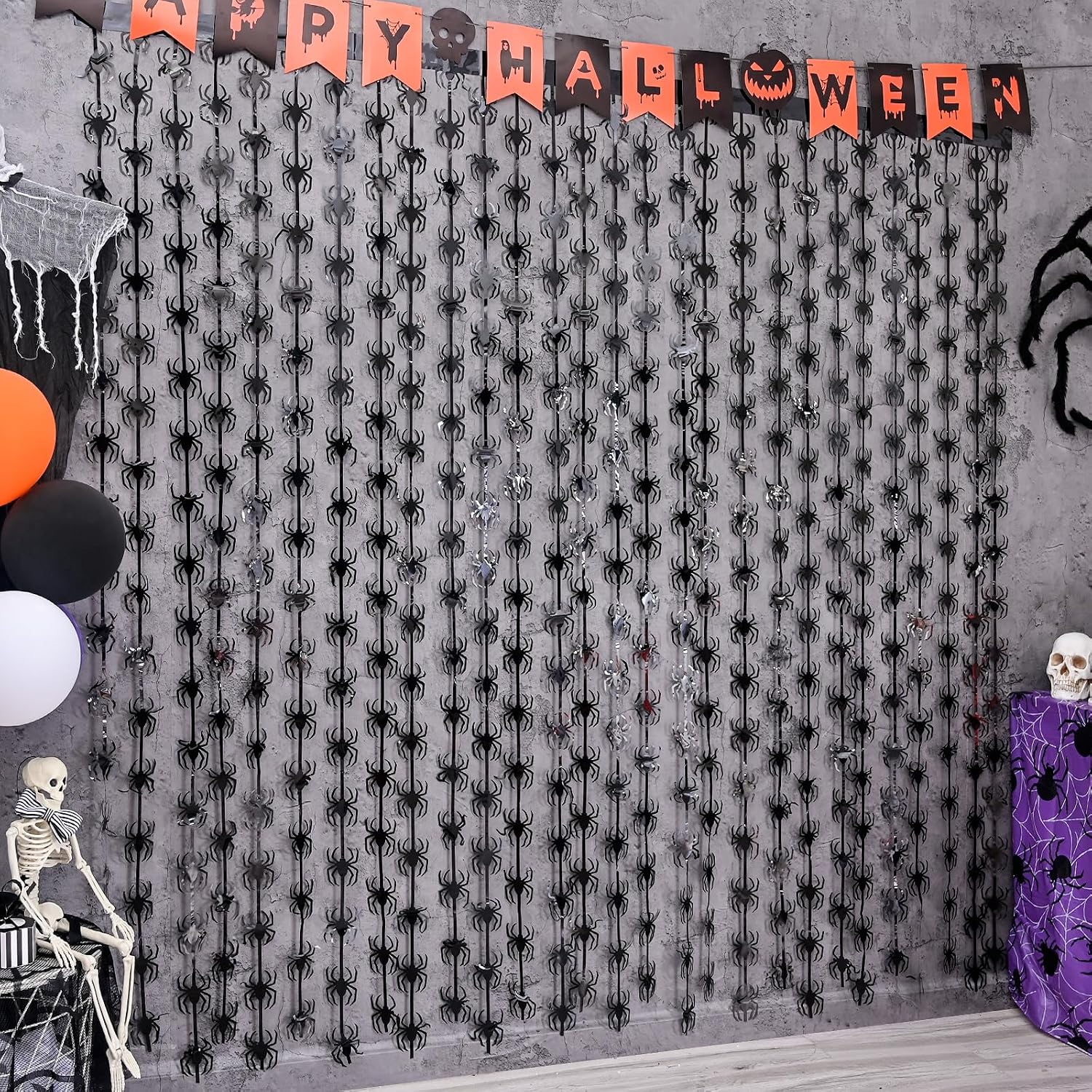 Menstarsi Halloween Party Decorations, 2 Pack Black Spider Tinsel Foil Fringe Curtains, Photo Booth Prop Streamers Backdrop for Halloween Theme Birthday Party Supplies Home Decor