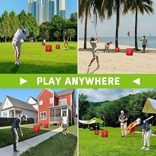 Miniatura 8 de Juego de golf de 3 agujeros para patio trasero al aire libre, juego de astillado de golf con 2 palos, pelota y bandera, divertido para todas las