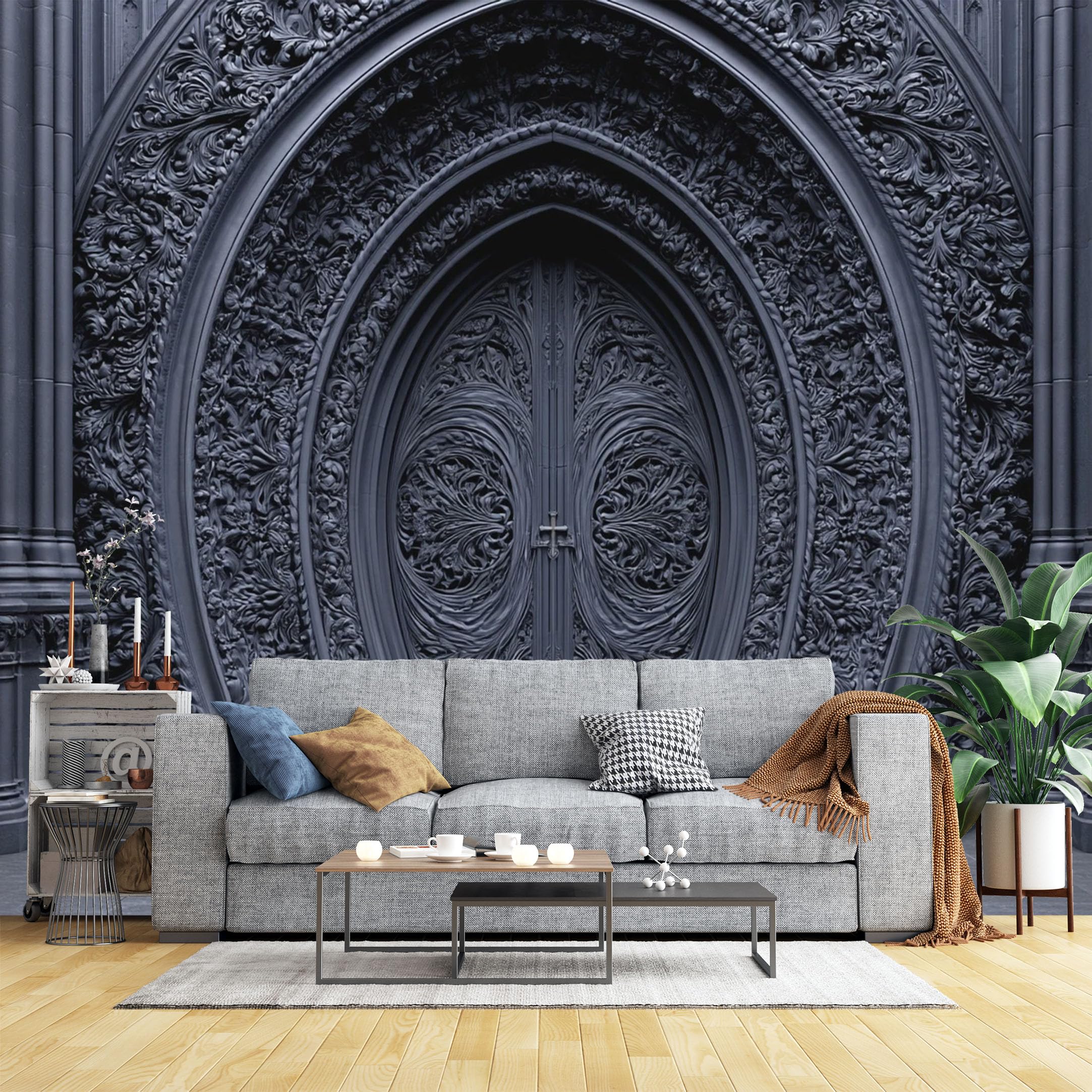 Custom Size Wall Murals Ornate Gothic Cathedral Door Wall Murals Dark Fantasy Architecture Wallpaper, 3D Self-Adhesive Removable Wallpaper for Living Room